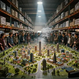 large group people in a huge warehouse, looking at a tabletop city | cinematic concept art | godrays | 4 k | clear details | tabletop | tabletop city foreground