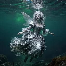 A silver haired mad fairy princess from the 18th century, dressed in a ragged, 18th century silver wedding dress, floathing underwater in a lake, mystical, atmospheric, greenish blue tones, scarry underwater photography, concept art by Annie Stegg Gerard, Ian David Soar, John Anster Fitzgerald, and John Everett Millais