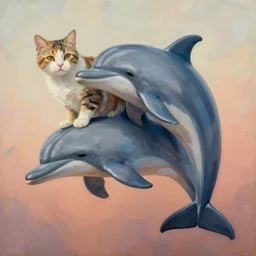 painting of hybrid between cat!!!!! & dolphin, intercrossed animal, mixture animal, by tiffany bozic, by zdzislaw beksinski, logical anatomy, cold hue's, warm tone gradient background, concept art, beautiful composition, digital painting,