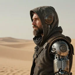 a bearded hooded rugged engineer man with cybernetic enhancements lost in the desert, scifi character portrait by greg rutkowski, esuthio, craig mullins, 1 / 4 headshot, cinematic lighting, dystopian scifi gear, gloomy, profile picture, mechanical, half robot, implants, steampunk