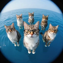 Floating cats with glasses over a blue ocean, Darek Zabrocki, Karlkka, Jayison Devadas, Phuoc Quan, trending on Artstation, 8K, ultra wide angle, pincushion lens effect.
