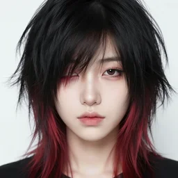 a pale emo girl with messy black and red hair, a dyed hair highlight, soft facial features, bangs covering one eye, instagram picture