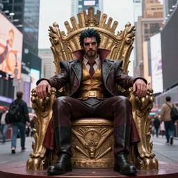 Ainz Ooal Gown sitting on his throne in times square new york, realistic, 4k