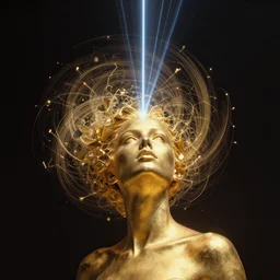 a golden woman 2/3 portrait, in space, head breaking apart and spiraling geometry into the sky upwards, 3 point perspective, lazer beaming down to top of her head, by james jean, by frank frazetta, by roger dean, by syd mead artgerm,  XF IQ4, f/1.4, ISO 200, 1/160s, 8K, RAW, featured in artstation, elegant, intricate, 8k