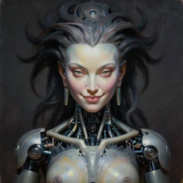 perfectly centered symmetrical portrait, front view of a beautiful biomechanical android alien robot buddha, female, flowing hair, intense stare, sarcastic smile, concept art, intricate detail, volumetric shadows and lighting, realistic oil painting by alex grey and gustave dore,