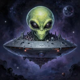 an alien mothership that looks like grimace, cosmic horror painting, elegant intricate digital painting artstation concept art by mark brooks and brad kunkle detailed