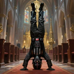 A highly detailed insanely beautiful painting of Darth Vader making a headstand in a church, UHD, HDR