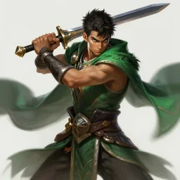 a highly detailed illustration of fierce attractive young tanned short haired tribal boy wearing green wolf cape, heroic wielding swords pose, muscular, intricate, elegant, highly detailed, centered, digital painting, artstation, concept art, smooth, sharp focus, league of legends concept art, wlop