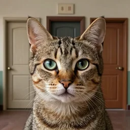 a large eyed cat stares ahead.  in the background are a number of fake doors. 8k resolution, beautiful detailed, insanely intricate details