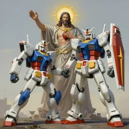 Giant titan Jesus christ holding the sacred heart  battling Gundam robot,   Gundam x jesus fight ,matte fantasy painting, DeviantArt Artstation, by  Jen Zee and Tatsuya Yoshikawa  by Utsurowazaru Mono  by Tatsuya Yoshikawa  by Hajime Isayama, cinematic lighting