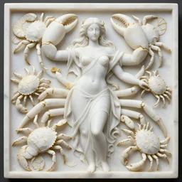 symmetry, white marble bas relief sculpture of a white marble crab woman made of white marble crabs and spiders and scorpions, white marble with interacte gold wire inlay, art nuevo, octane, 8 k, hdr, art by hr geiger and ridley scott and alphonse mucha, trending on artstation