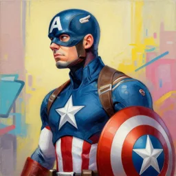 greg manchess portrait painting of captain america as overwatch character, totally whack, medium shot, asymmetrical, profile picture, organic painting, sunny day, matte painting, bold shapes, hard edges, street art, trending on artstation, by huang guangjian and gil elvgren and sachin teng