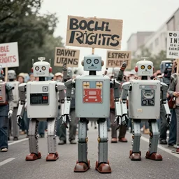 robots rights protest, vintage press photo