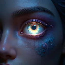 a beautiful detailed 3 d matte portrait of a glowing cyberpunk eye by ellen jewett, by tomasz alen kopera, ominous, magical realism, texture, intricate, radiant colors, fantasy, volumetric lighting, high details