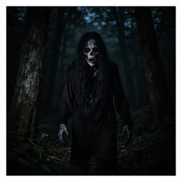 low quality cellphone picture of an very scary creature in the forest at mid night, taken with flash, dark, scary