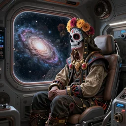 sad human nomad, sitting sad in spaceship, gazing at view of galaxy in space through a window, intricate detailed environment, photorealistic!, octane render, mechanical, concept art, cinematic lighting, digital art, interstellar, hyper realism, sharp, cyberpunk, 8 k, de dia los muertos. by angus mckie, moebius, maciej kuciara