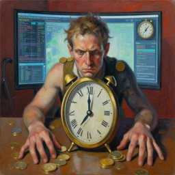 postmodernist painting, representation and personification of material greed, deadline, digital world mets greed, token power, generational human, avarice, entity, trending on artstation