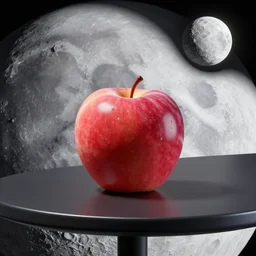 an apple is sitting on a table on surface of the moon, octane render
