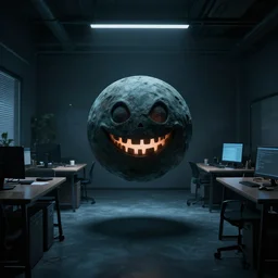 photo of a dark office space with a floating sphere with a creepy face smiling in the middle of the room