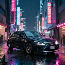 tokyo vaporwave black lexus ct 2 0 0 h origami neon signs raining, hyper realisitic wet pavement