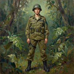 frazetta woman in army uniform full body panoramic portrait textured oil painting jungle background