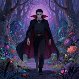 Vampire traveling through a beautiful psychedelic world, illustrated by Krenz Cushart