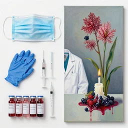 “ surgical mask, blue latex gloves, syringe, blood collection vials, medical labels, white lab coat, ikebana, a candle dripping white wax, squashed berries, berry juice drips, acrylic and spray paint and oilstick on canvas, surrealism, neoexpressionism ”