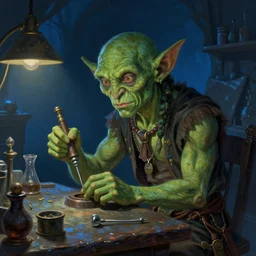 portrait of green - skinned goblin alchemist working in his fantasy medieval workshop, nighttime blue light, illustration concept trending pixiv fanbox by wlop and greg rutkowski and caravaggio and rosa bonheur, and william harnett, hyperrealism art