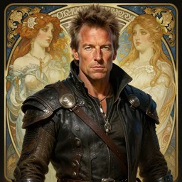A full portrait of  Bruce Springsteen as a handsome post apocalyptic nordic explorer, intricate, elegant, highly detailed, digital painting, artstation, concept art, smooth, sharp focus, illustration, art by Krenz Cushart and Artem Demura and alphonse mucha