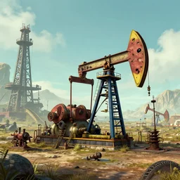 an alien landscape with steampunk oil drills and mining machines.