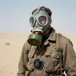 a man wearing a gasmask, heavily equipped, in the desert, film still, arriflex 35