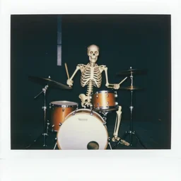 skeleton drummer, flash polaroid photo by george hurrell,