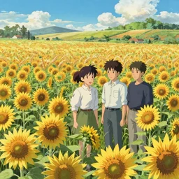 A beautiful ultradetailed field of blooming sunflowers and wheat grass, by Mike Winkelmann, makoto shinkai, and thomas kinkade, anime art 4k, trending on artstation