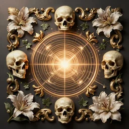 beautiful classical decorative ornament, skulls, acanthus scrolls, lilies, ivy, anatomy, energy, geometry, magnolia, bones, petals, stems, fibonacci rhythm, artstation, art germ, wlop