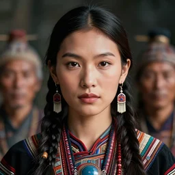 portrait of a stunningly beautiful asian tribal female with lens flars and depth of field, zeiss lens, detailed, symmetrical, centered, fashion photoshoot, by Annie Leibovitz and Steve McCurry, David Lazar, Jimmy Nelsson, Breathtaking, 8k resolution, extremely detailed, beautiful, establishing shot, artistic, hyperrealistic, beautiful face, octane render