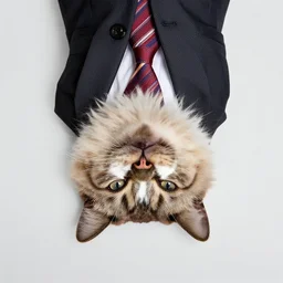 photographic portrait of a wrinkly sad max ernst fluffy cat, wearing a suit, upside down, editorial
