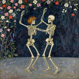 two skeletons dancing on stage while it rains flowers in the background, Henri de Toulouse-Lautrec