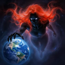 A ghostly presence floats through the universe, glowing eyes, infrared hair, pitch black skin, the destroyer of worlds reaches for earth, portrait, highly detailed, digital painting, artstation, concept art, smooth, sharp focus, illustration, Unreal Engine 5, 8K, art by artgerm and greg rutkowski and alphonse mucha