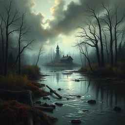 grunge painting of a horror river. in the distance, there is a haunted shed. by bob ross, albert bierstadt, grim, eerie, immaculate scale, hyper - realistic, trending on artstation, 8 k, detailed, atmospheric, immaculate
