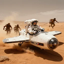 american astronaut driving a spaceship in mars, tribe members chasing, action scene, an epic fantasy, dramatic lighting, cinematic, establishing shot, extremely high detail, photorealistic, cinematic lighting, artstation, octane render, by simon stalenhag, shadow of the tomb rider