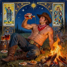 Gediminas_Pranckevicius a dramatic, epic, ethereal painting of a handsome thicc mischievous shirtless cowboy with a beer belly wearing a large belt and bandana offering a whiskey bottle | he is relaxing by a campfire | background is a late night with food and jugs of whisky | homoerotic | stars, tarot card, art deco, art nouveau, mosaic, intricate | by Mark Maggiori | trending on artstation