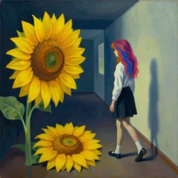 a painting of a girl with electrified hair walking in a hallway and suddenly finds a giant sunflower on the floor blocking her way, a highly detailed edward hopper painting, by adrian ghenie and gerhard richter. art by remedios varo. masterpiece, flat surreal design with deep colours. 8 k. artstation