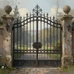 beautiful digital painting high quality heavy iron gothic garden gate cobblestone ground artstation behance