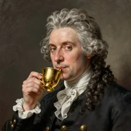 Samuel Johnson sipping a tiny gold cup, meme, Sir Joshua Reynolds, 1775 oil painting, 8k, photorealistic brush strokes