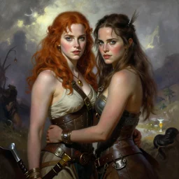 christina hendricks with emma watson, barbarian fantasy art by frank frazetta