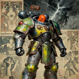 composition of gothic and futuristic, warhammer, cyber japan armor, more and more scars, thunderstorm, orange head, some yellow green and blue, the middle ages, highly detailed, artstation, in the style of moebius, jugendstil and classic japanese print, art by bekinski and greg rutkowski, compositon by jean delville
