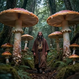 psychedelic forest with large mushrooms, mystical, realism, photo, shaman n - 9