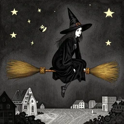 halloween witch on broomstick, stars. illustrated by edward gorey, escher, tasha tudor