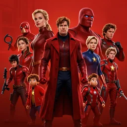 red themed mashup with movie characters, marvel, disney, indie, highly detailed, featured on artstation, highly detailed, abstract