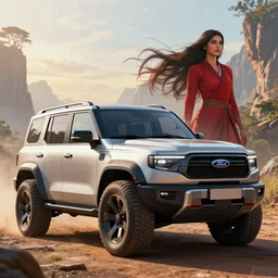 an offroad concept suv designed by ram and ford, in kerala, mulan, artstation, an epic fantasy, cinematic lighting, hyper realistic, photographic, sharp focus, by greg rutkowski and wolp
